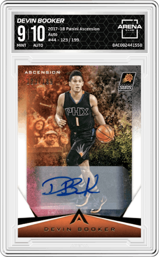 Devin Booker from the 2017-18 Panini Ascension set graded by Arena Club and given an overall grade of 9.