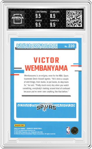 Victor Wembanyama from the 2023-24 Panini Donruss set graded by Arena Club and given an overall grade of 9.