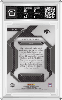 Caitlin Clark from the 2024 Panini Prizm Draft Picks set graded by Arena Club and given an overall grade of 9.5.