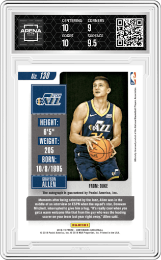 Grayson Allen from the 2018-19 Panini Contenders set featuring a The Finals parallel graded by Arena Club and given an overall grade of 9.5.