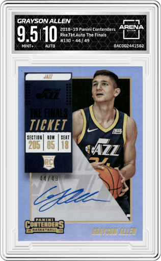 Grayson Allen from the 2018-19 Panini Contenders set featuring a The Finals parallel graded by Arena Club and given an overall grade of 9.5.