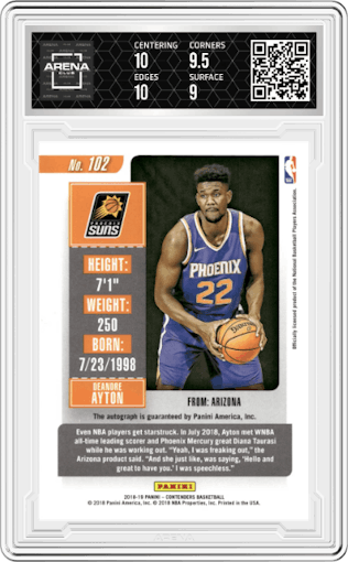 Deandre Ayton from the 2018-19 Panini Contenders set graded by Arena Club and given an overall grade of 9.5.