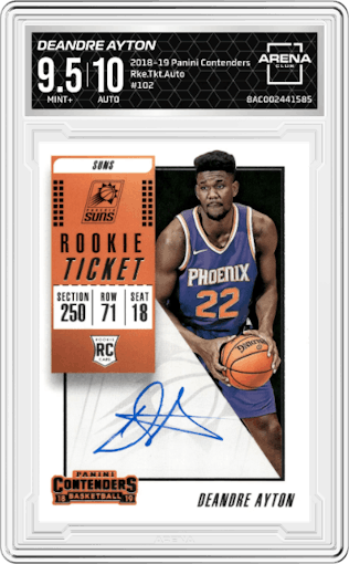 Deandre Ayton from the 2018-19 Panini Contenders set graded by Arena Club and given an overall grade of 9.5.