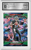 Michael Penix Jr. from the 2024 Panini Prizm set featuring a Green Ice parallel graded by Arena Club and given an overall grade of 10.