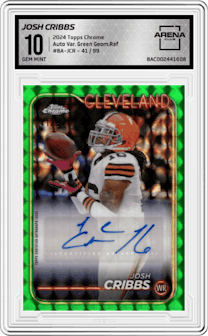 Josh Cribbs from the 2024 Topps Chrome set featuring a Green Geometric Refractor parallel graded by Arena Club and given an overall grade of 10.