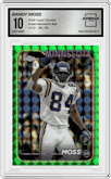 Randy Moss from the 2024 Topps Chrome set featuring a Green Geometric Refractor parallel graded by Arena Club and given an overall grade of 10.