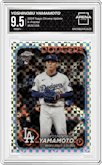 Yoshinobu Yamamoto from the 2024 Topps Chrome Update set featuring a X-Fractor parallel graded by Arena Club and given an overall grade of 9.5.