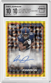 Theo Johnson from the 2024 Topps Chrome set featuring a Yellow Geometric Refractor parallel graded by Arena Club and given an overall grade of 10.