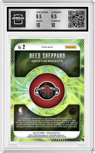 Reed Sheppard from the 2024-25 Panini Prizm set featuring a Fastbreak parallel graded by Arena Club and given an overall grade of 10.