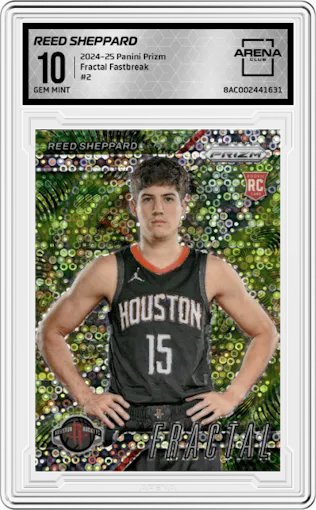 Reed Sheppard from the 2024-25 Panini Prizm set featuring a Fastbreak parallel graded by Arena Club and given an overall grade of 10.