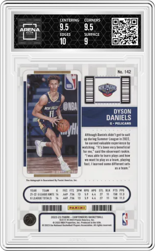  Dyson Daniels from the 2022-23 Panini Contenders set featuring a Playoff parallel graded by Arena Club and given an overall grade of 9.5.
