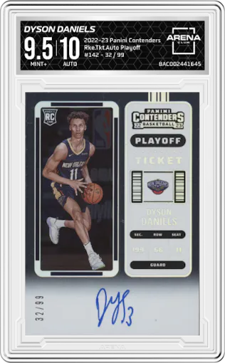  Dyson Daniels from the 2022-23 Panini Contenders set featuring a Playoff parallel graded by Arena Club and given an overall grade of 9.5.