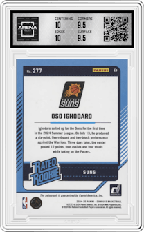 Oso Ighodaro from the 2024-25 Panini Donruss set featuring a Choice Black Gold parallel graded by Arena Club and given an overall grade of 10.