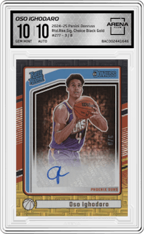 Oso Ighodaro from the 2024-25 Panini Donruss set featuring a Choice Black Gold parallel graded by Arena Club and given an overall grade of 10.