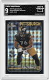 Troy Fautanu from the 2024 Topps Chrome set featuring a Black Geometric Refractor parallel graded by Arena Club and given an overall grade of 9.