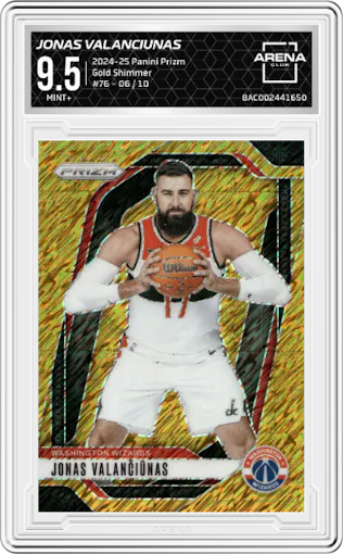 Jonas Valanciunas from the 2024-25 Panini Prizm set featuring a Gold Shimmer Prizms FOTL parallel graded by Arena Club and given an overall grade of 9.5.
