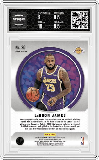 LeBron James from the 2020-21 Panini Mosaic set featuring a Mosaic parallel graded by Arena Club and given an overall grade of 9.5.