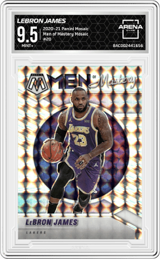 LeBron James from the 2020-21 Panini Mosaic set featuring a Mosaic parallel graded by Arena Club and given an overall grade of 9.5.