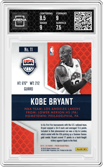 Kobe Bryant from the 2015-16 Panini Prizm  set graded by Arena Club and given an overall grade of 8.