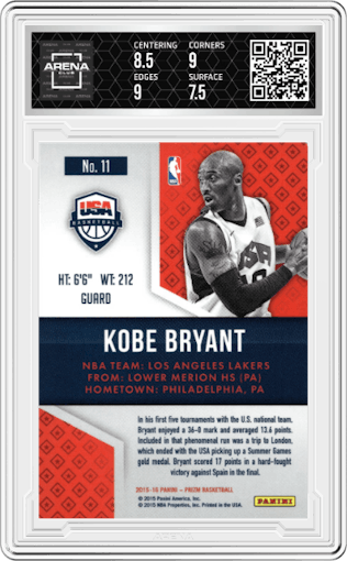 Kobe Bryant from the 2015-16 Panini Prizm  set graded by Arena Club and given an overall grade of 8.