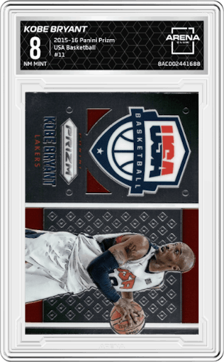 Kobe Bryant from the 2015-16 Panini Prizm  set graded by Arena Club and given an overall grade of 8.