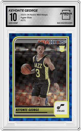 Keyonte George from the 2023-24 Panini NBA Hoops set featuring a Hyper Blue parallel graded by Arena Club and given an overall grade of 10.