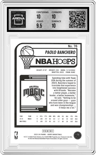 Paolo Banchero from the 2023-24 Panini NBA Hoops set featuring a Hyper Blue parallel graded by Arena Club and given an overall grade of 10.