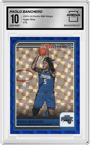 Paolo Banchero from the 2023-24 Panini NBA Hoops set featuring a Hyper Blue parallel graded by Arena Club and given an overall grade of 10.