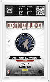 Anthony Edwards from the 2024-25 Panini Totally Certified set featuring a Blue Mirror parallel graded by Arena Club and given an overall grade of 9.5.