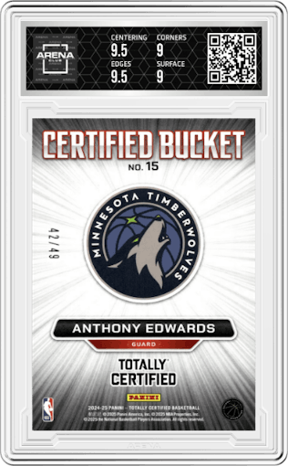 Anthony Edwards from the 2024-25 Panini Totally Certified set featuring a Blue Mirror parallel graded by Arena Club and given an overall grade of 9.5.