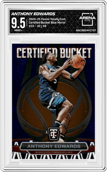 Anthony Edwards from the 2024-25 Panini Totally Certified set featuring a Blue Mirror parallel graded by Arena Club and given an overall grade of 9.5.