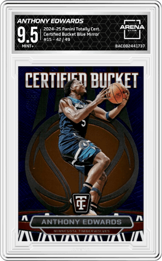 Anthony Edwards from the 2024-25 Panini Totally Certified set featuring a Blue Mirror parallel graded by Arena Club and given an overall grade of 9.5.