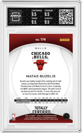 Matas Buzelis from the 2024-25 Panini Totally Certified set featuring a Mirror parallel graded by Arena Club and given an overall grade of 9.5.