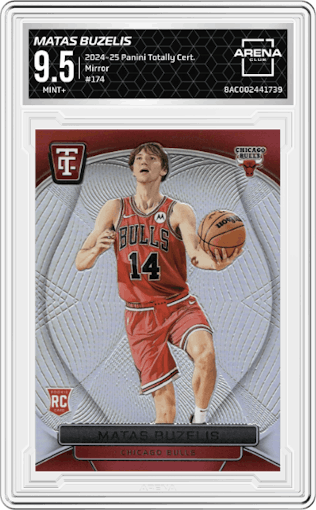 Matas Buzelis from the 2024-25 Panini Totally Certified set featuring a Mirror parallel graded by Arena Club and given an overall grade of 9.5.