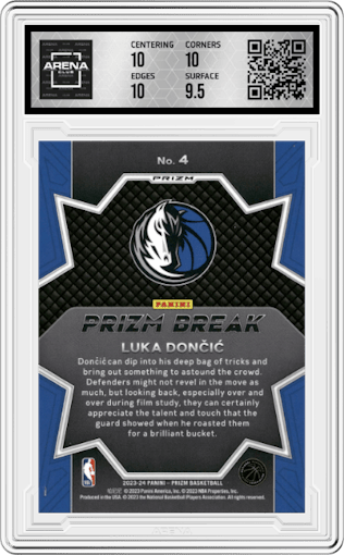 Luka Doncic from the 2023-24 Panini Prizm set featuring a Fast Break parallel graded by Arena Club and given an overall grade of 10.