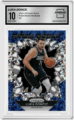 Luka Doncic from the 2023-24 Panini Prizm set featuring a Fast Break parallel graded by Arena Club and given an overall grade of 10.