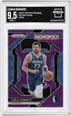 Luka Doncic from the 2023-24 Panini Prizm Monopoly set featuring a Purple parallel graded by Arena Club and given an overall grade of 9.5.