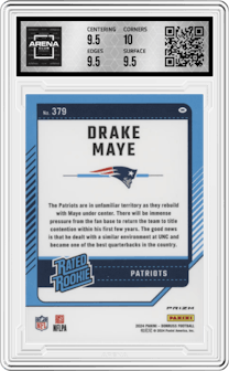 Drake Maye from the 2024 Donruss set featuring a Pink parallel graded by Arena Club and given an overall grade of 10.
