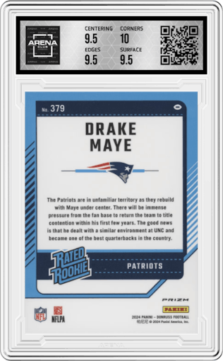 Drake Maye from the 2024 Donruss set featuring a Pink parallel graded by Arena Club and given an overall grade of 10.