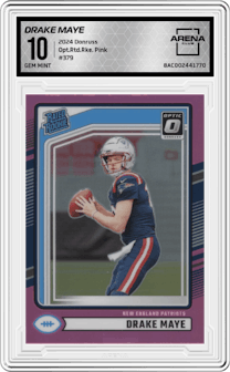 Drake Maye from the 2024 Donruss set featuring a Pink parallel graded by Arena Club and given an overall grade of 10.
