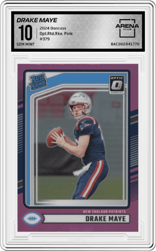 Drake Maye from the 2024 Donruss set featuring a Pink parallel graded by Arena Club and given an overall grade of 10.