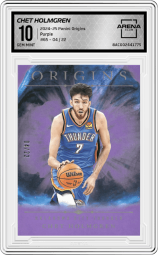 Chet Holmgren from the 2024-25 Panini Origins set featuring a Purple FOTL parallel graded by Arena Club and given an overall grade of 10.