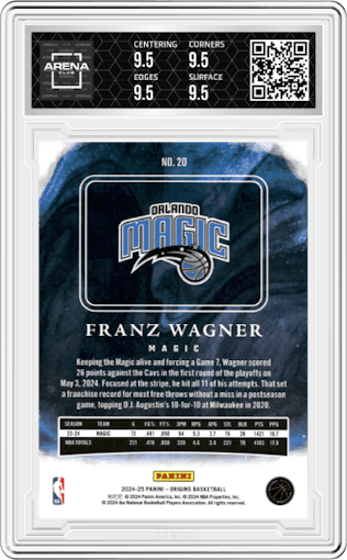 Franz Wagner from the 2024-25 Panini Origins set featuring a Purple FOTL parallel graded by Arena Club and given an overall grade of 9.5.