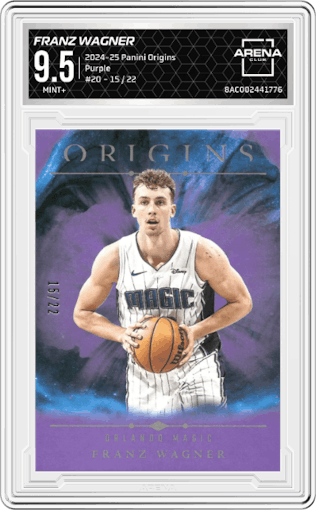 Franz Wagner from the 2024-25 Panini Origins set featuring a Purple FOTL parallel graded by Arena Club and given an overall grade of 9.5.