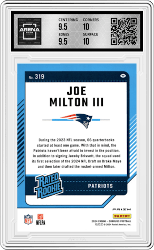 Joe Milton III  from the 2024 Donruss set featuring a Pink parallel graded by Arena Club and given an overall grade of 10.