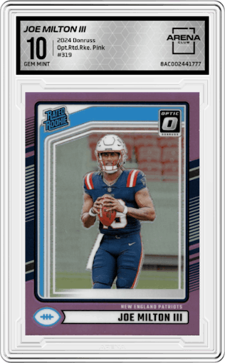 Joe Milton III  from the 2024 Donruss set featuring a Pink parallel graded by Arena Club and given an overall grade of 10.