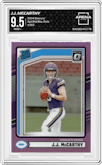 J.J. McCarthy from the 2024 Donruss set featuring a Pink parallel graded by Arena Club and given an overall grade of 9.5.