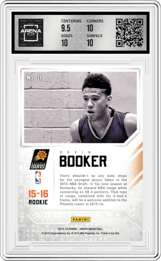 Devin Booker from the 2015-16 Panini NBA Hoops set graded by Arena Club and given an overall grade of 10.