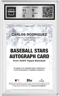 Carlos Rodriguez from the 2025 Topps set graded by Arena Club and given an overall grade of 10.