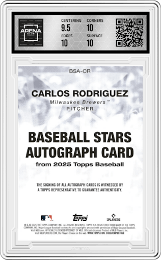 Carlos Rodriguez from the 2025 Topps set graded by Arena Club and given an overall grade of 10.